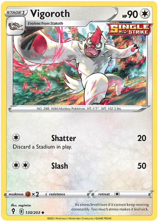Pokémon Vigoroth 130/203 common kaart uit Evolving Skies met Single Strike Shatter en Slash aanval