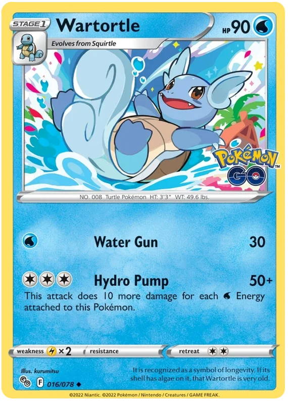 Wartortle common kaart nummer 016/078 uit de Pokémon GO set met Water Gun en Hydro Pump aanvallen