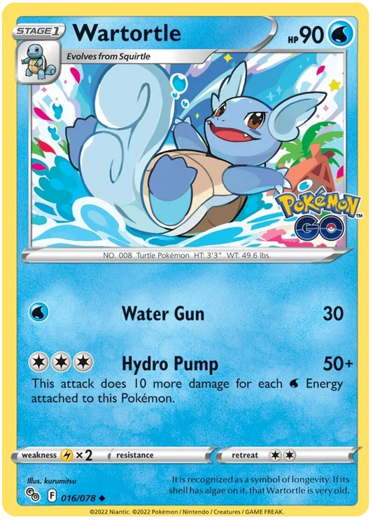 Wartortle common kaart nummer 016/078 uit de Pokémon GO set met Water Gun en Hydro Pump aanvallen
