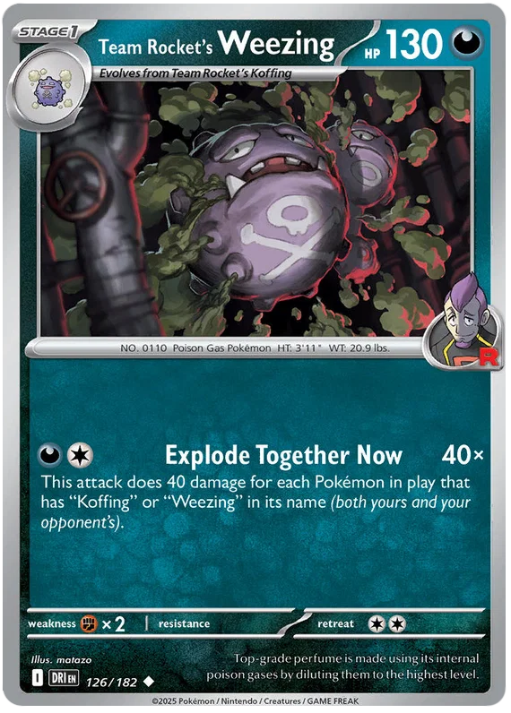 Pokémon Weezing #126 common kaart uit Destined Rivals met Team Rocket illustratie