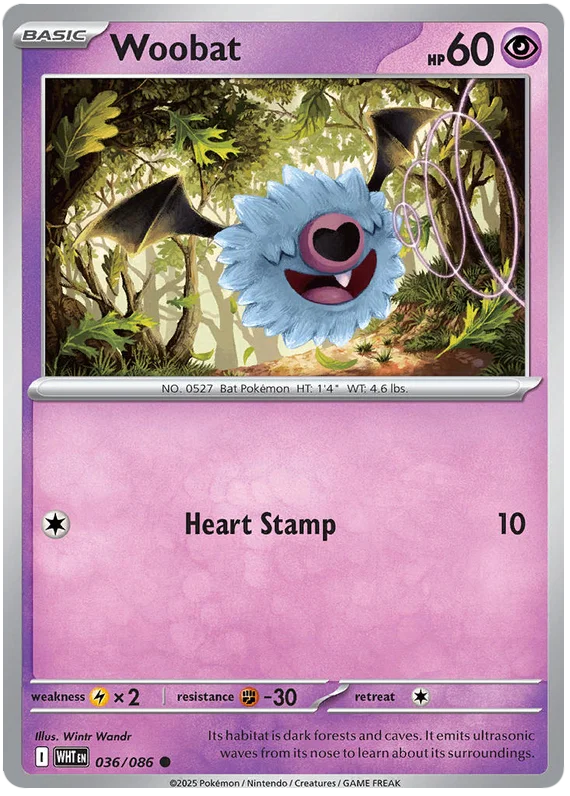 Pokémon Woobat common kaart nummer 036 uit de White Flare set
