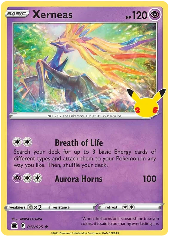 Pokémon Xerneas Holo kaart nummer 012/025 uit de Celebrations set met Pikachu-logo