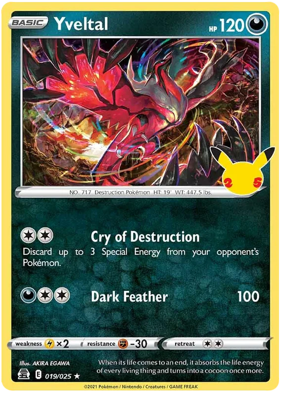 Pokémon Yveltal Holo kaart 019/025 uit de Celebrations set met 25th anniversary Pikachu logo
