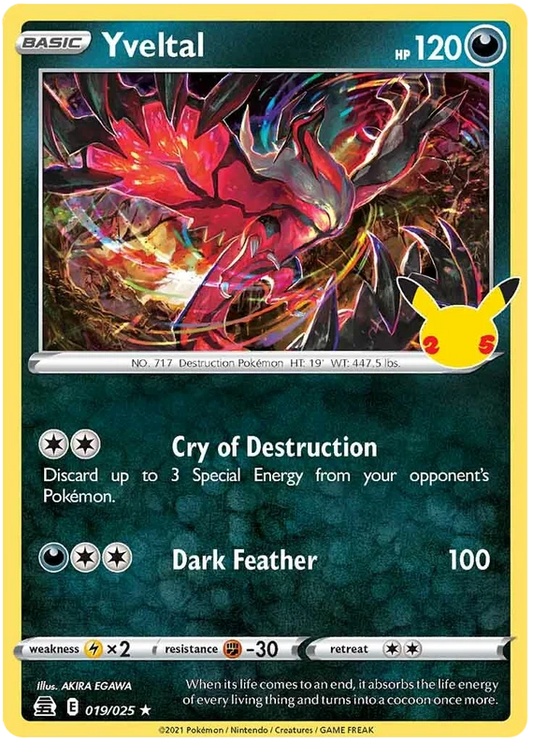 Pokémon Yveltal Holo kaart 019/025 uit de Celebrations set met 25th anniversary Pikachu logo
