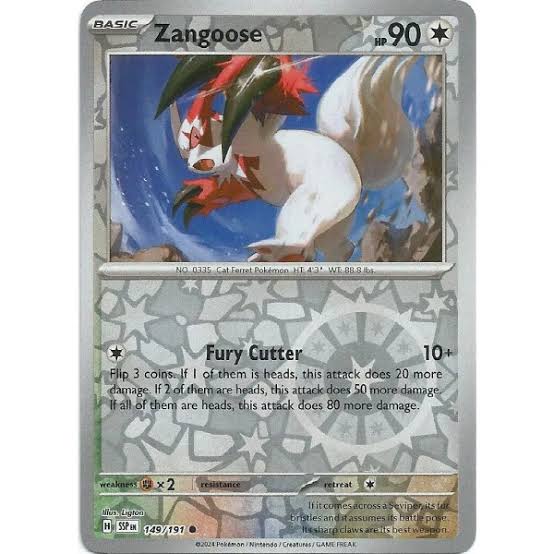 Zangoose reverse holo Pokémon kaart nummer 149 uit Surging Sparks set