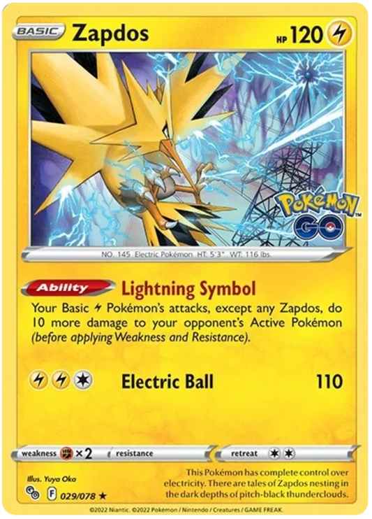 Zapdos holo Pokemon kaart uit de Pokemon GO set, nummer 029/078