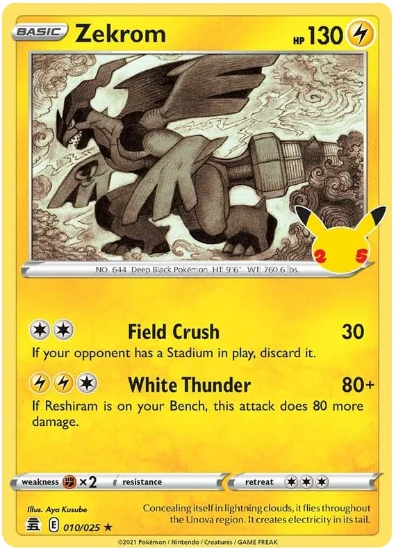 Zekrom Holo #010/025 Celebrations Pokémon kaart met Field Crush en White Thunder aanval