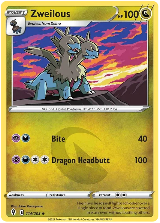 Pokémon Zweilous common kaart 114/203 uit de Evolving Skies set