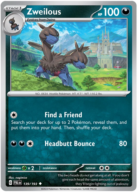 Zweilous common kaart nummer 139 uit de Pokémon Paldea Evolved set