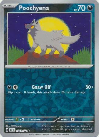 Poochyena Reverse Holo kaart nummer 105 uit de Pokémon Temporal Forces set