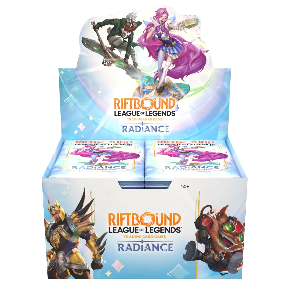 Vooraanzicht van de geopende officiële Riftbound: League of Legends TCG Radiance Boosterbox Display (Set 5) met de boosterpacks erin zichtbaar.