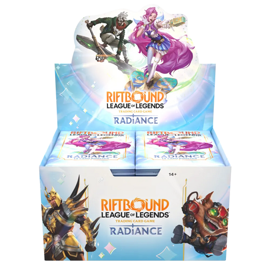 Vooraanzicht van de geopende officiële Riftbound: League of Legends TCG Radiance Boosterbox Display (Set 5) met de boosterpacks erin zichtbaar.