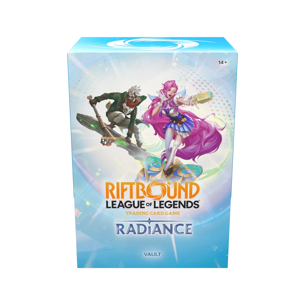 Vooraanzicht van de officiële verpakking van de Riftbound: League of Legends TCG Radiance Vault Box (Set 5).