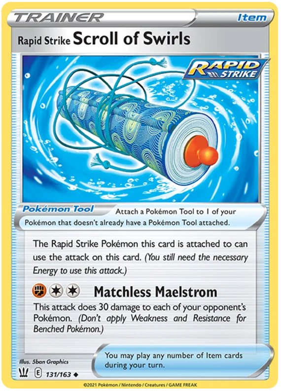 Rapid Strike Scroll of Swirls 131/163 Pokémon kaart uit de Battle Styles set getoond met artwork van 5ban Graphics
