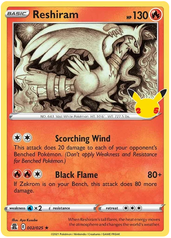 Reshiram holo Pokémon kaart nummer 002/025 uit de Celebrations set met Pikachu 25 logo