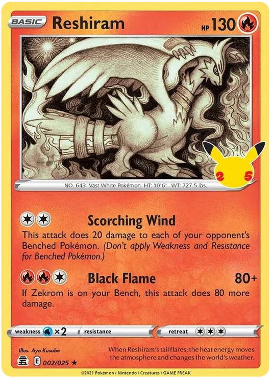 Reshiram holo Pokémon kaart nummer 002/025 uit de Celebrations set met Pikachu 25 logo