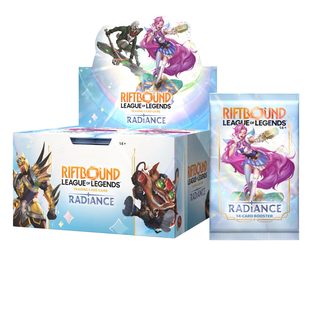 Vooraanzicht van de geopende Radiance boosterbox met een los liggend 14-kaarten boosterpack ernaast om het verpakkingsdesign te tonen.