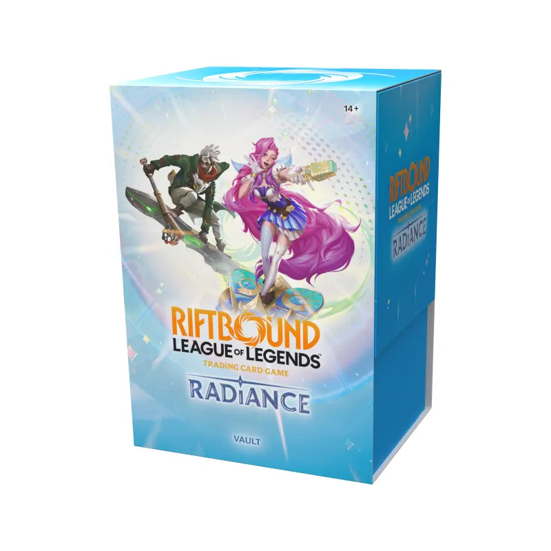 Zijaanzicht van de verpakking van de League of Legends TCG Radiance Vault Box met officiële UVS Games details.