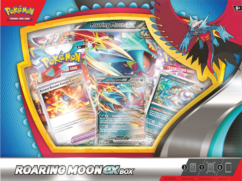 Pokémon TCG: Roaring Moon ex Box en Iron Valiant ex Box met foil en oversized kaarten van Roaring Moon ex of Iron Valiant ex.