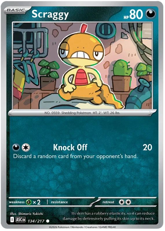Scraggy common kaart nummer 134 uit de Ascended Heroes verzamelkaartenset