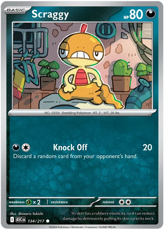 Scraggy common kaart nummer 134 uit de Ascended Heroes verzamelkaartenset