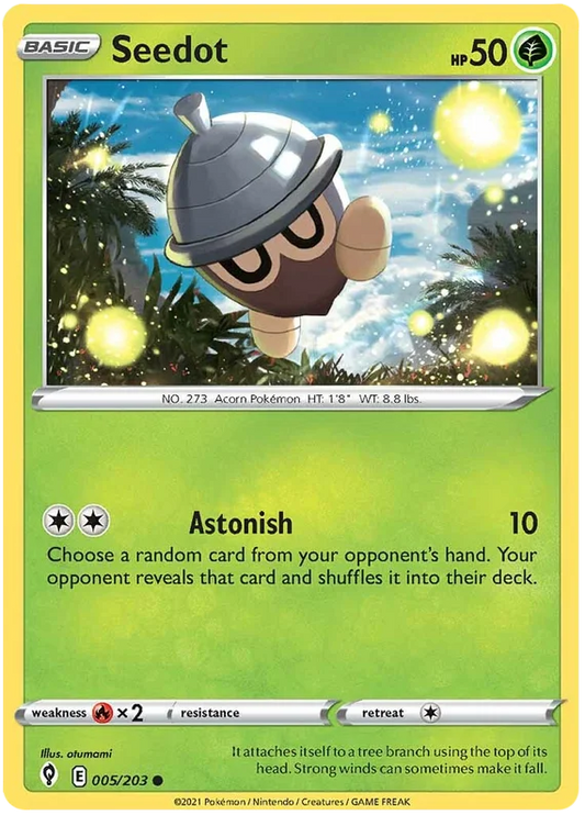 Seedot Pokémon kaart uit Evolving Skies, common grass type kaart voor je Pokémon verzameling of losse kaarten collectie