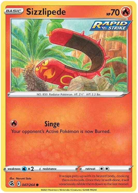 Sizzlipede common kaart uit Pokémon Fusion Strike – Fire Pokémon voor verzameling of deck