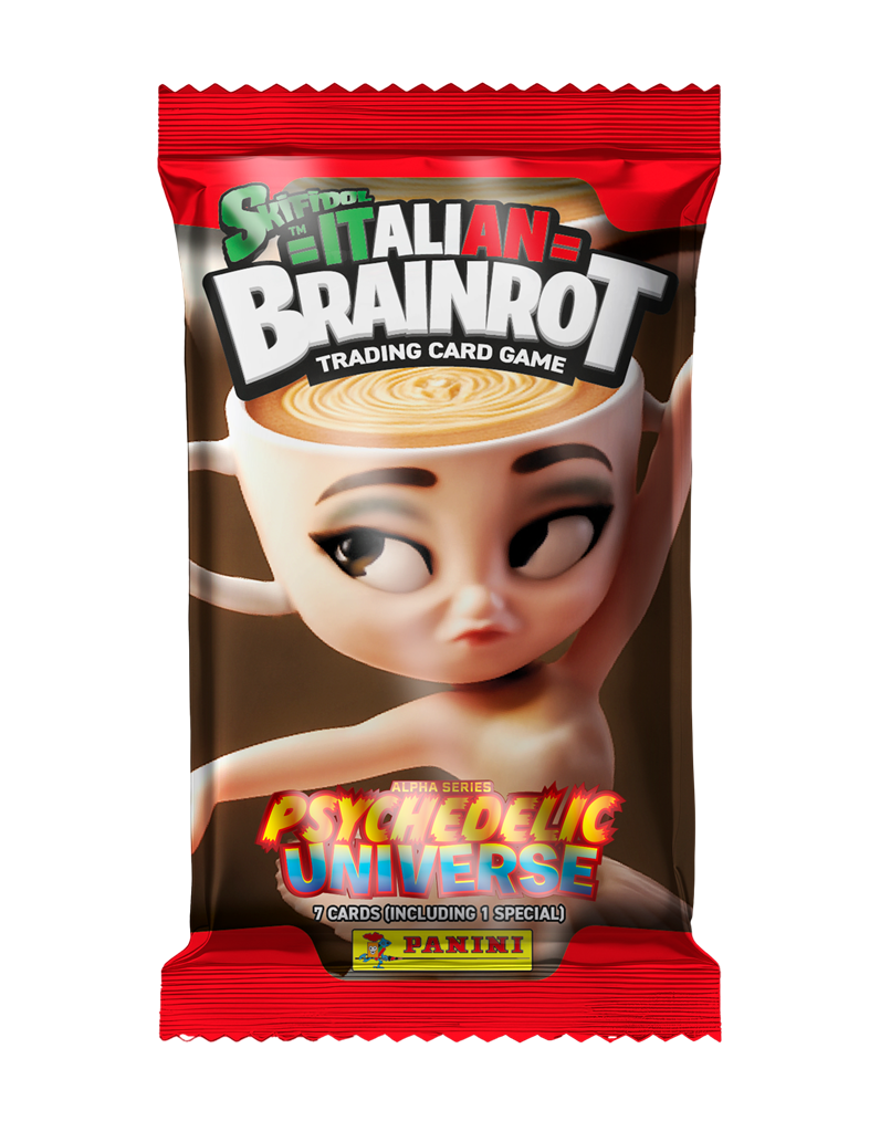Skifidol Italian Brainrot Trading Card Booster verpakking met unieke verzamelkaarten van Panini