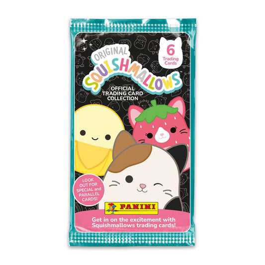 Een los Squishmallows Trading Card booster pack van Panini met vrolijke Squishmallows op de verpakking, bevat 6 kaarten.