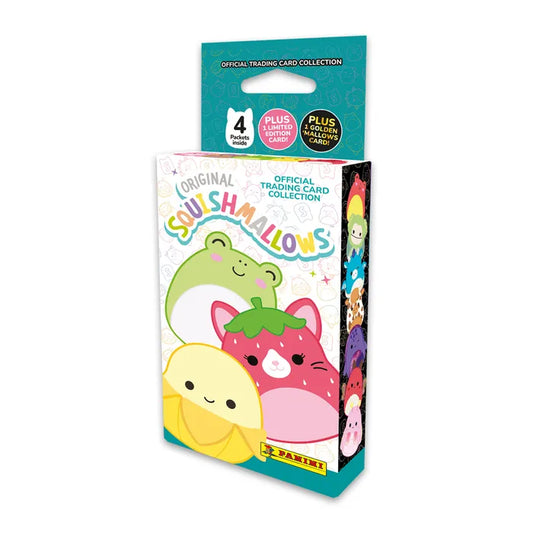 Vooraanzicht van de kartonnen Squishmallows Trading Cards Eco-blister met vermelding van de 4 packs en bonuskaarten.
