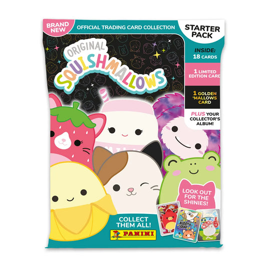 Het Squishmallows Trading Card Starter Pack inclusief verzamelalbum, 3 booster packs en limited edition kaarten.