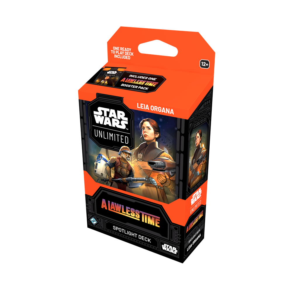 Star Wars Unlimited A Lawless Time Spotlight Deck Leia Organa doos met kaartspelmateriaal en leader-kaart - vooraanzicht