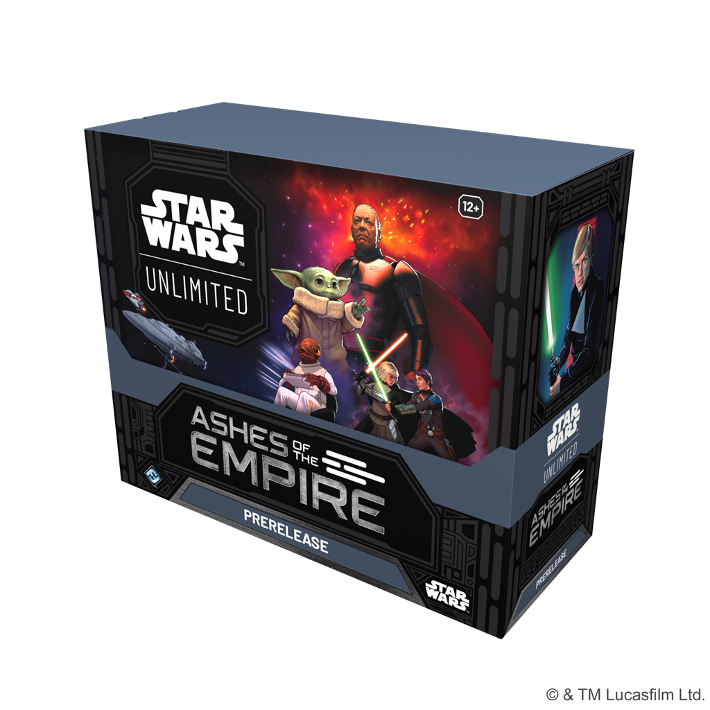 Star Wars Unlimited Ashes of the Empire Prerelease Box met boosterpacks en accessoires voor het TCG-kaartspel - zijaanzicht