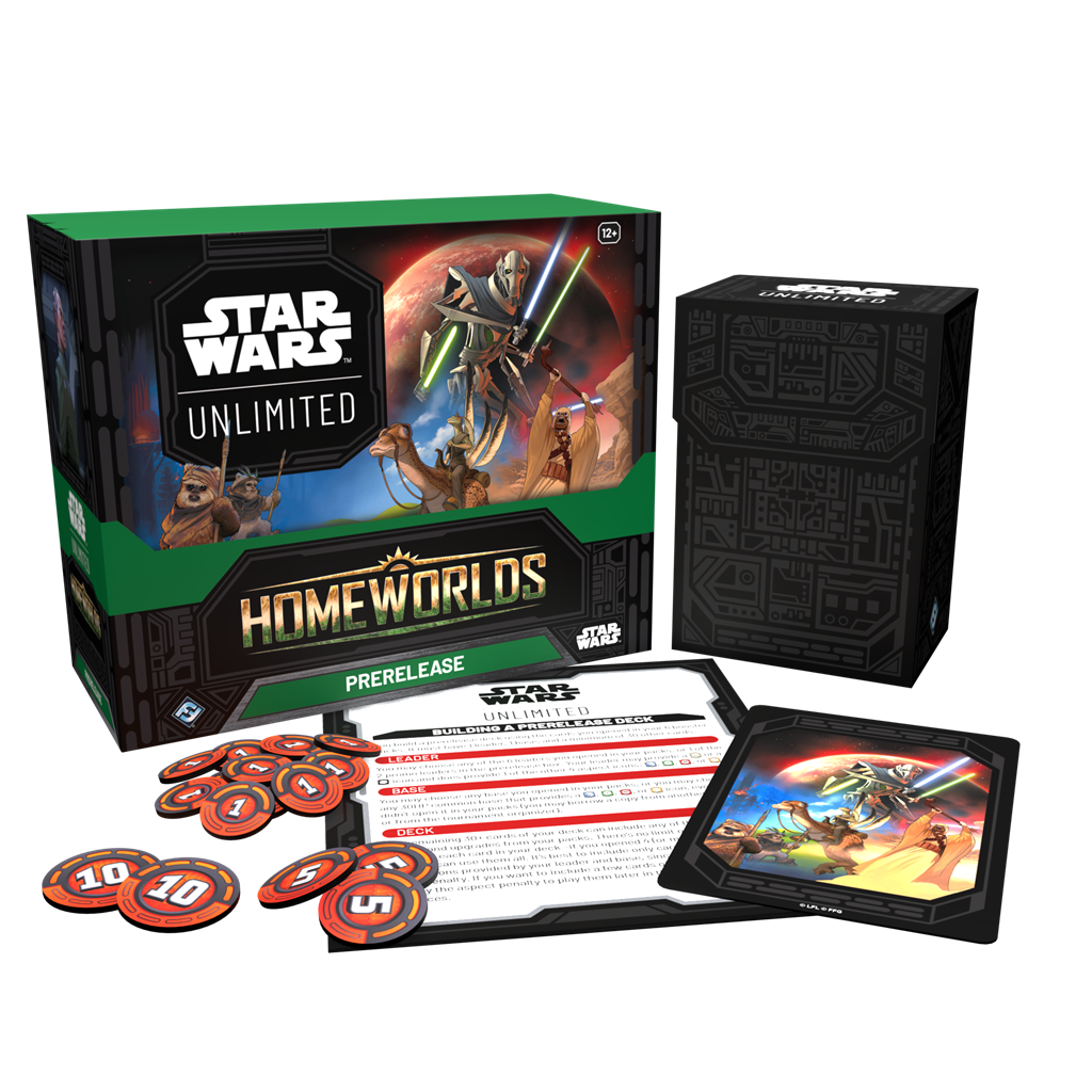 Star Wars Unlimited Homeworlds Prerelease Box met boosterpacks en accessoires - zijaanzicht