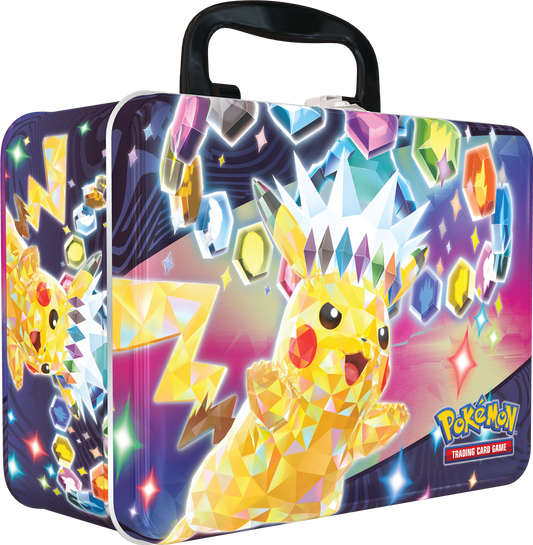 Stellar Pikachu Collector Chest met foil kaarten, Pokémon stickers, booster packs, Terapagos munt en mini mapje.
