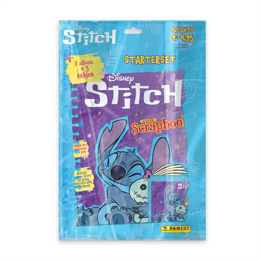 Het complete Panini Stitch Super Scrapbook Starter Pack inclusief het verzamelalbum en drie stickerzakjes.