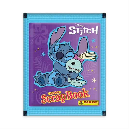 Een los Panini Stitch Super Scrapbook stickerzakje met een vrolijke afbeelding van Stitch op de voorkant.