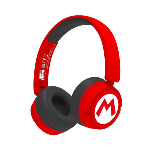 Super Mario Bluetooth koptelefoon met roodblauwe oorschelpen en ingebouwde microfoon