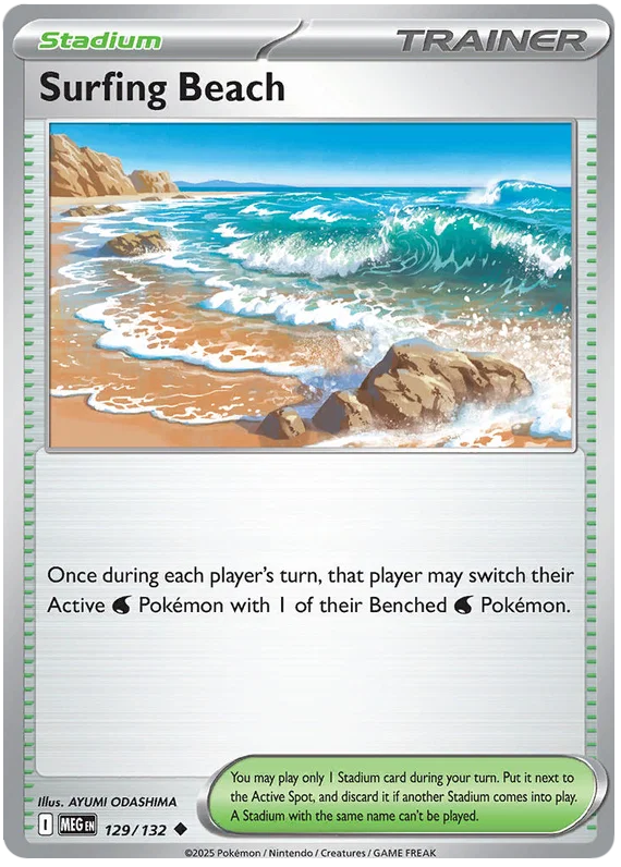 Surfing Beach Pokémon kaart nummer 129 common uit de Mega Evolution set