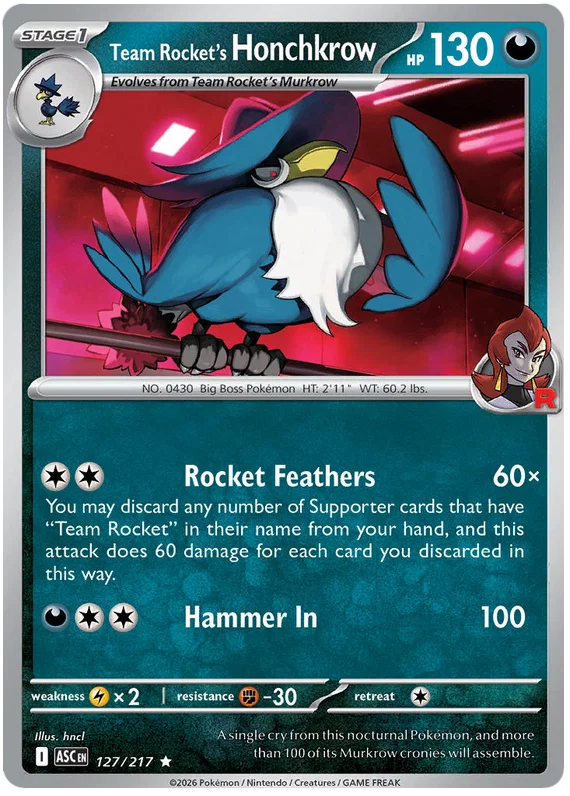 Team Rocket's Honchkrow Holo kaart nummer 127 uit de Ascended Heroes set