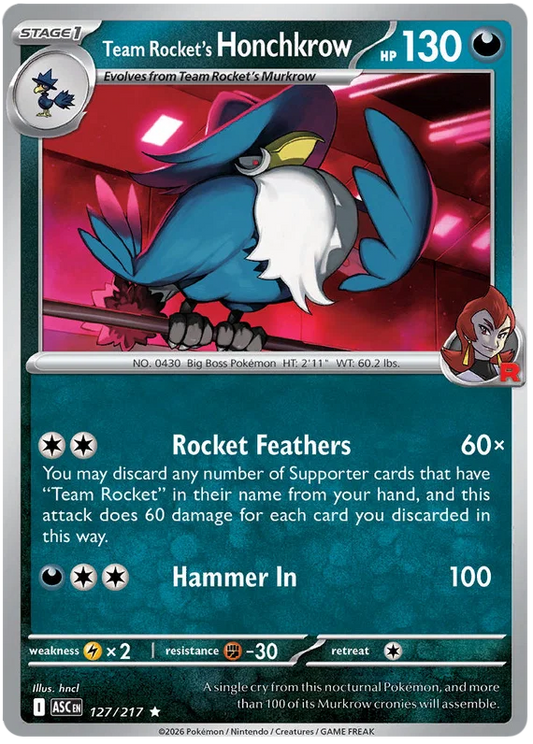 Team Rocket's Honchkrow Holo kaart nummer 127 uit de Ascended Heroes set