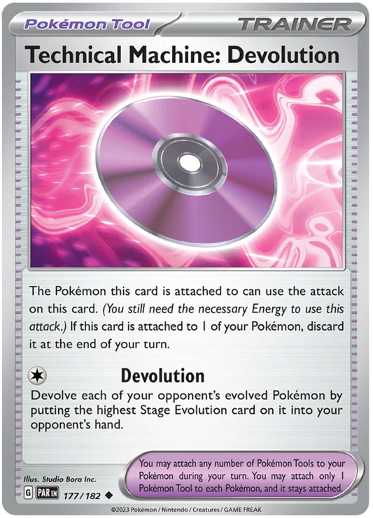 Technical Machine: Devolution Pokémon kaart uit de Paradox Rift set, common trainerkaart nummer 177/182