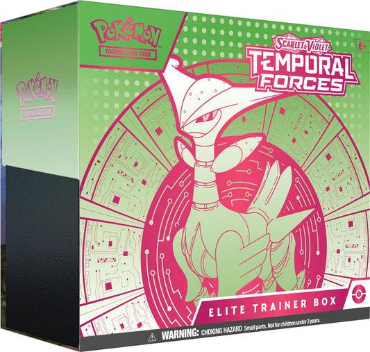 Temporal Forces Elite Trainer Box Iron Leaves met Iron Leaves artwork en Pokémon TCG verzamelaccessoires