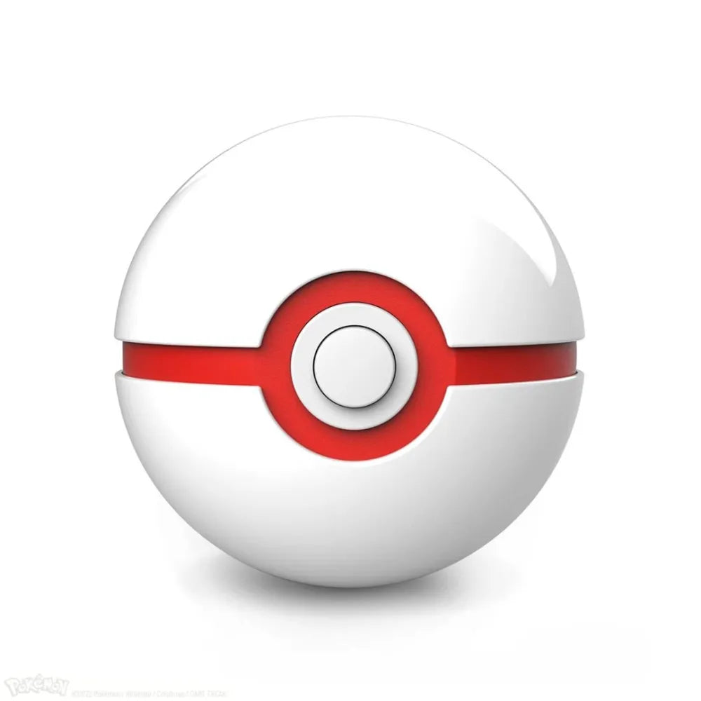 The Wand Company Pokémon Mini Premier Ball Replica in luxe witte en rode metaalfinish met verlichte displaystandaard - verpakking
