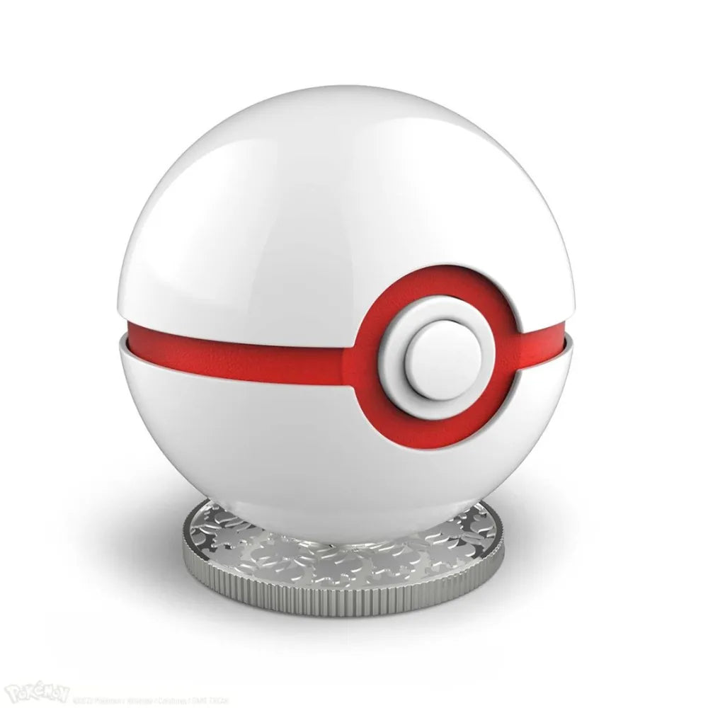 The Wand Company Pokémon Mini Premier Ball Replica in luxe witte en rode metaalfinish met verlichte displaystandaard - zijaanzicht
