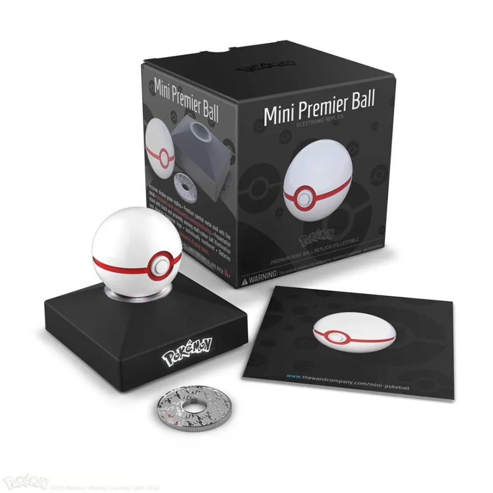 The Wand Company Pokémon Mini Premier Ball Replica in luxe witte en rode metaalfinish met verlichte displaystandaard - achteraanzicht