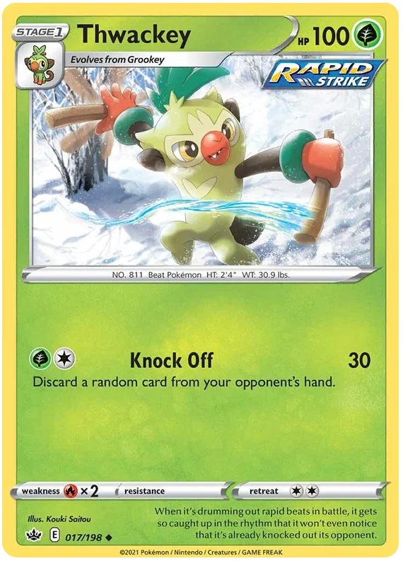 Thwackey 017/198 uncommon Pokémon kaart uit de Chilling Reign set met Knock Off aanval