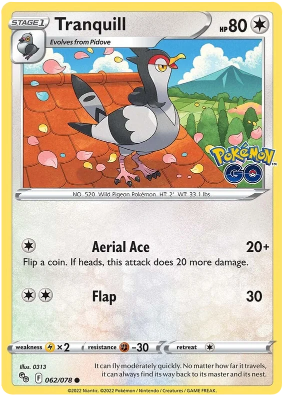 Tranquill common kaart uit de Pokemon Go set met nummer 062/078