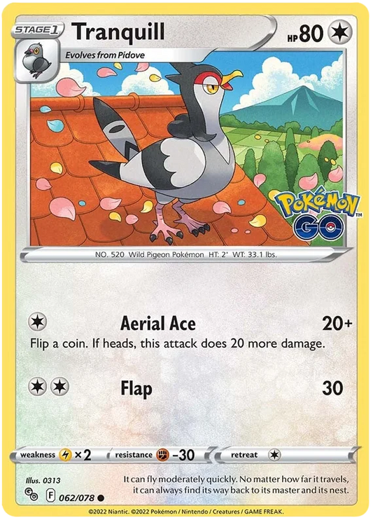 Tranquill common kaart uit de Pokemon Go set met nummer 062/078