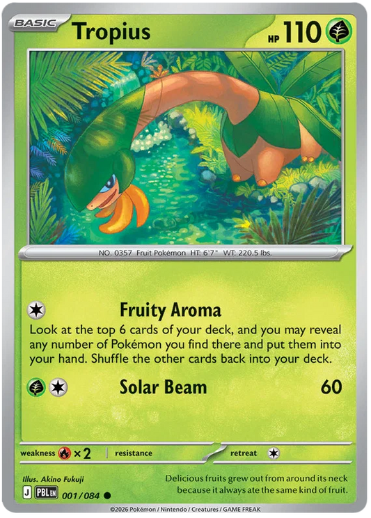 Tropius common Pokémon kaart uit de Pitch Black set, kaartnummer 001